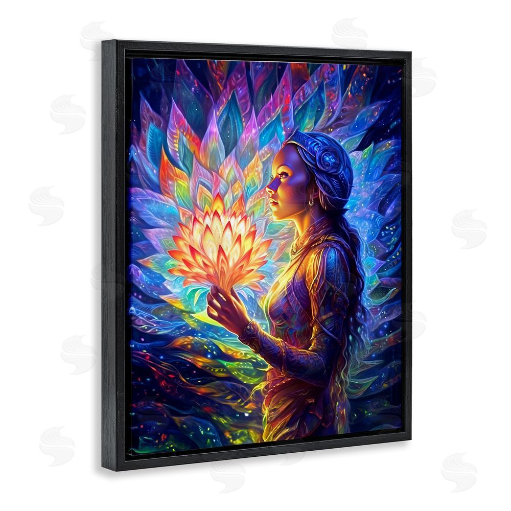Spirit of the Rainbow Woman & Lotus Fractals Black Floating Frame Canvas Wall Art Print