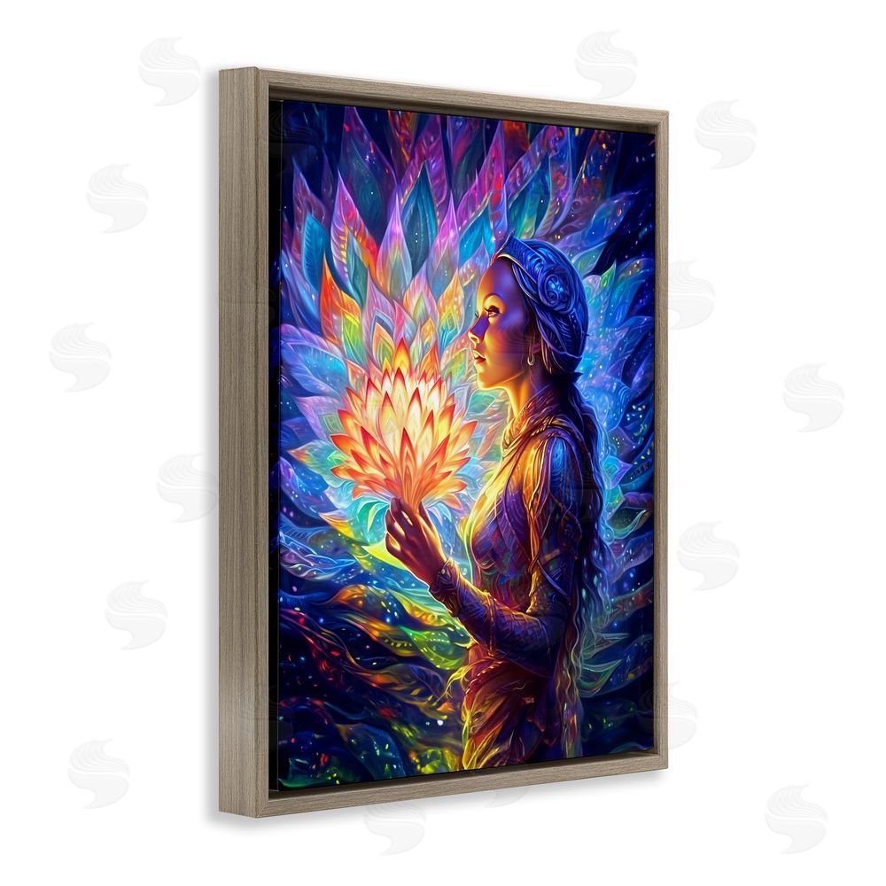 Spirit of the Rainbow Woman & Lotus Fractals Brown Floating Frame Canvas Wall Art Print