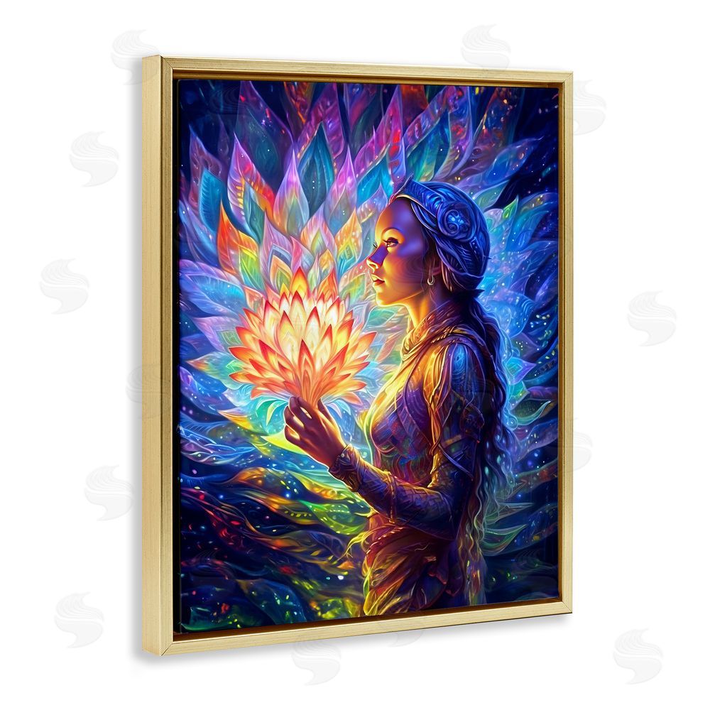 Spirit of the Rainbow Woman & Lotus Fractals Gold Floating Frame Canvas Wall Art Print