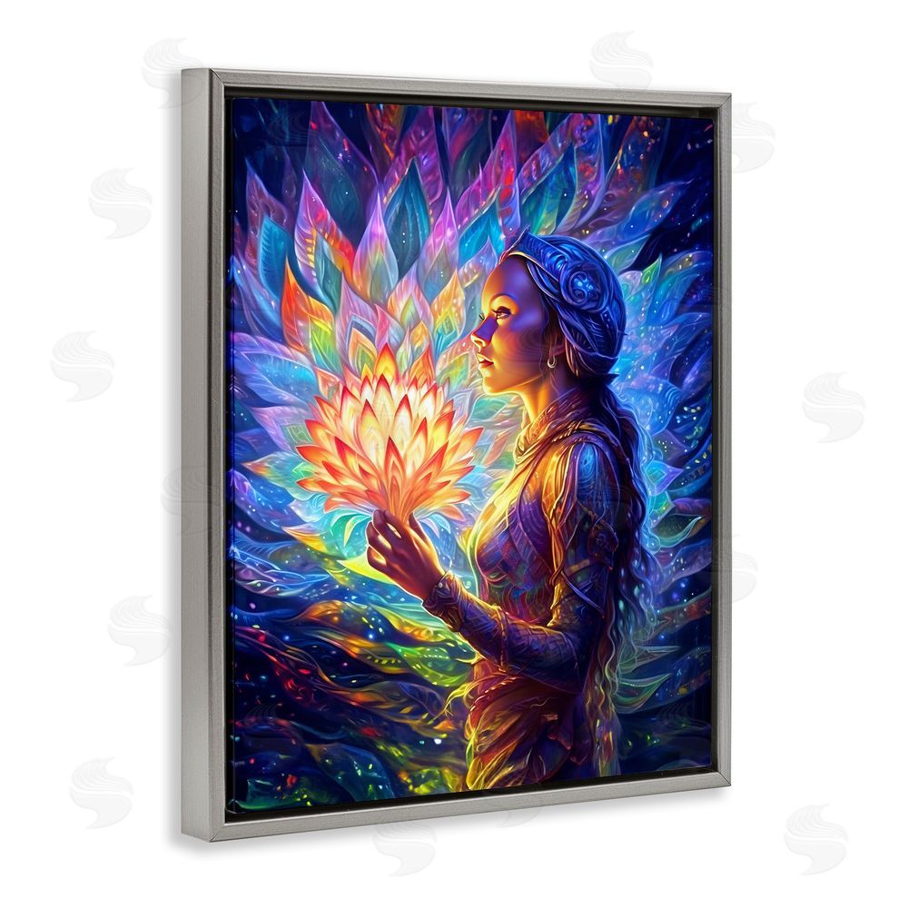Spirit of the Rainbow Woman & Lotus Fractals Gray Floating Frame Canvas Wall Art Print