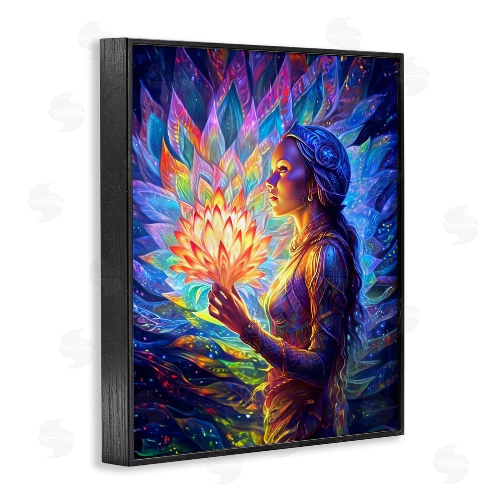 Spirit of the Rainbow Woman & Lotus Fractals Black Framed Giclee Wall Art Print