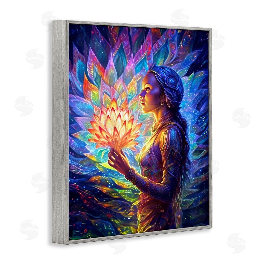 Spirit of the Rainbow Woman & Lotus Fractals Gray Framed Giclee Wall Art Print