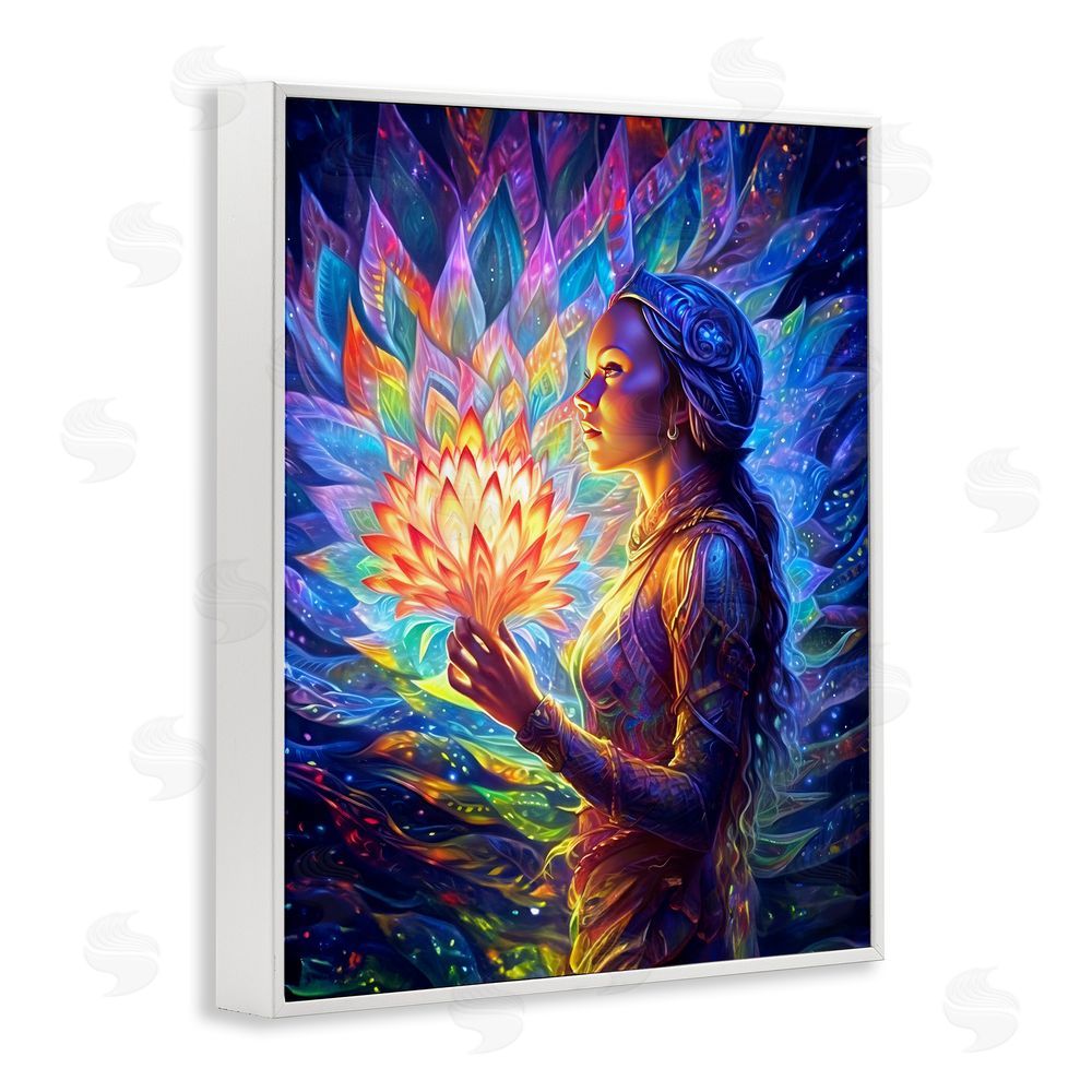 Spirit of the Rainbow Woman & Lotus Fractals White Framed Giclee Wall Art Print