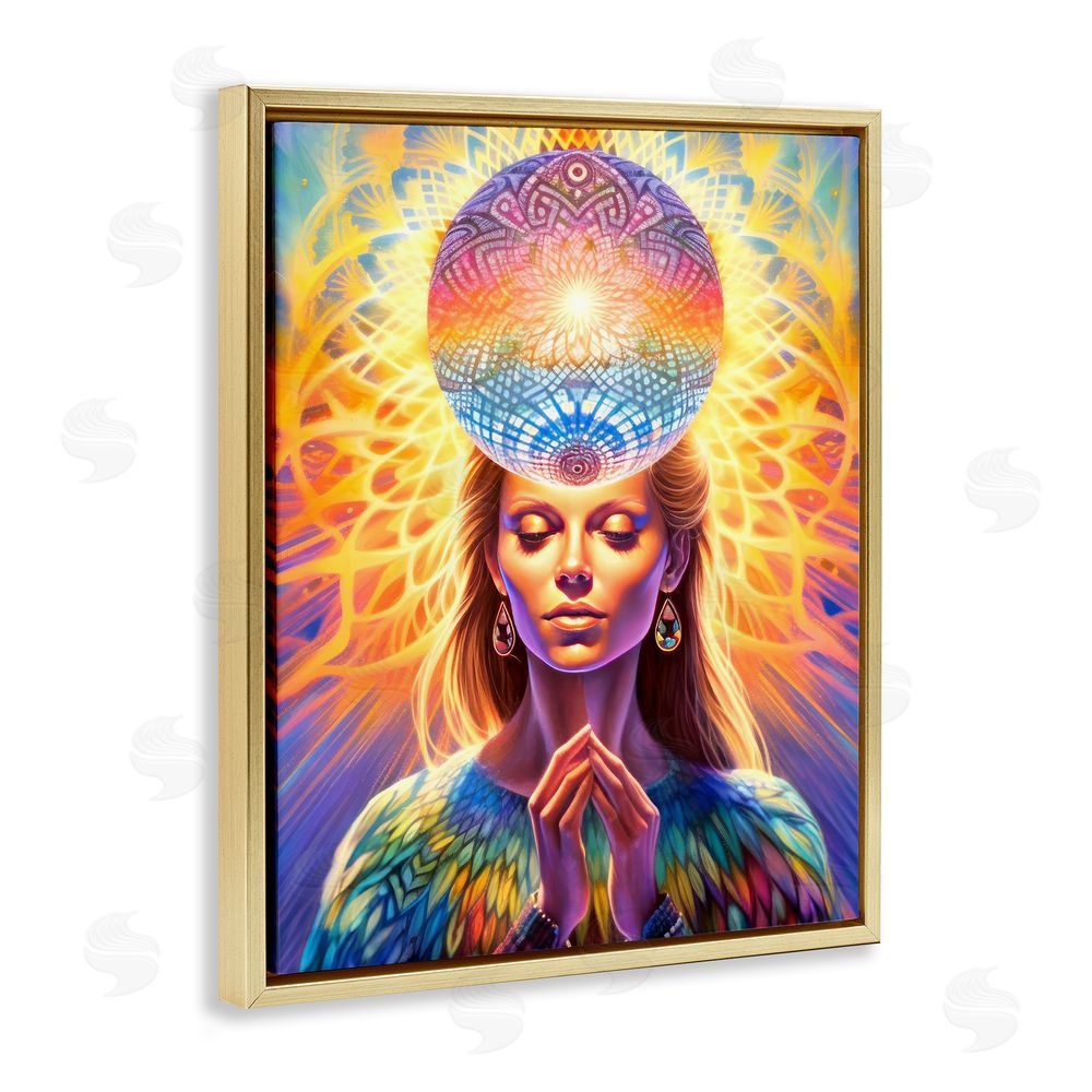 Spirit of the Rainbow Chakra Woman Fractals Gold Floating Frame Canvas Wall Art Print