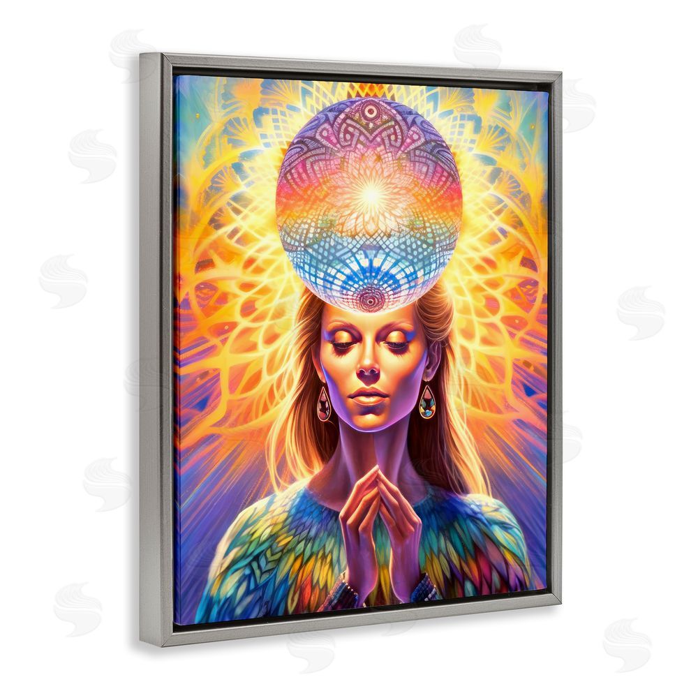 Spirit of the Rainbow Chakra Woman Fractals Gray Floating Frame Canvas Wall Art Print