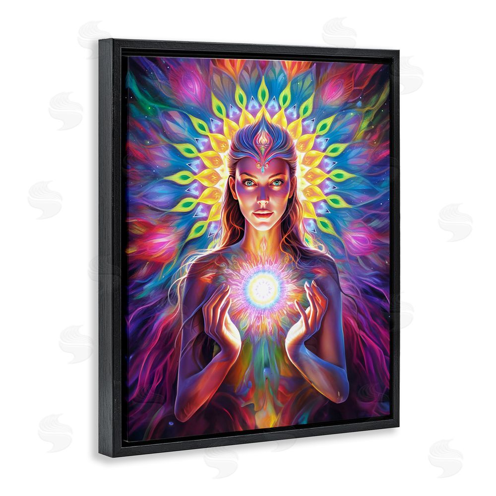 Spirit of the Rainbow Girl with Abstract Fractals Black Floating Frame Canvas Wall Art Print
