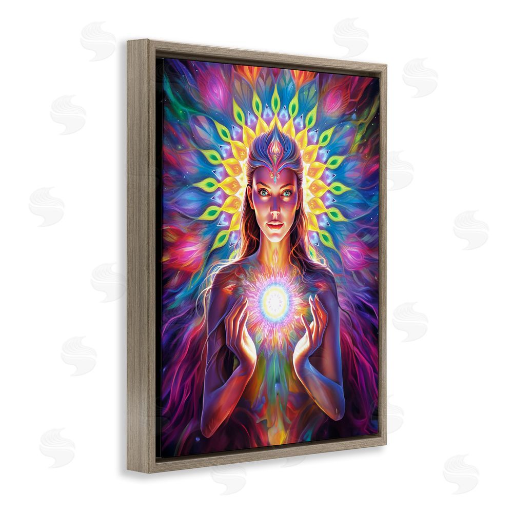 Spirit of the Rainbow Girl with Abstract Fractals Brown Floating Frame Canvas Wall Art Print