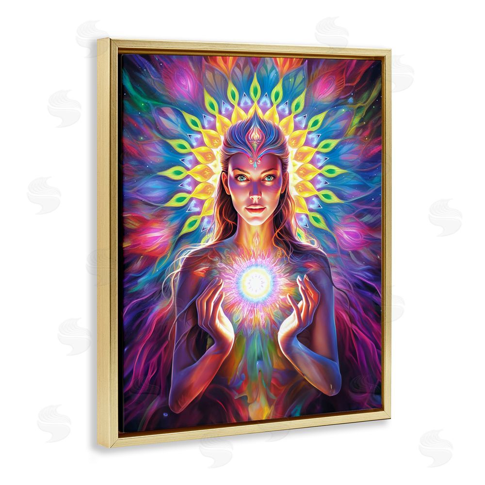 Spirit of the Rainbow Girl with Abstract Fractals Gold Floating Frame Canvas Wall Art Print