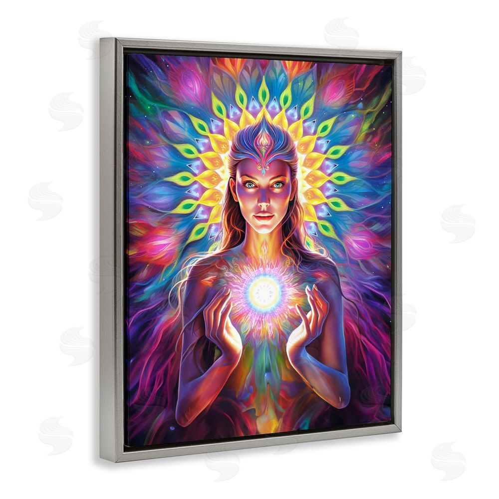 Spirit of the Rainbow Girl with Abstract Fractals Gray Floating Frame Canvas Wall Art Print