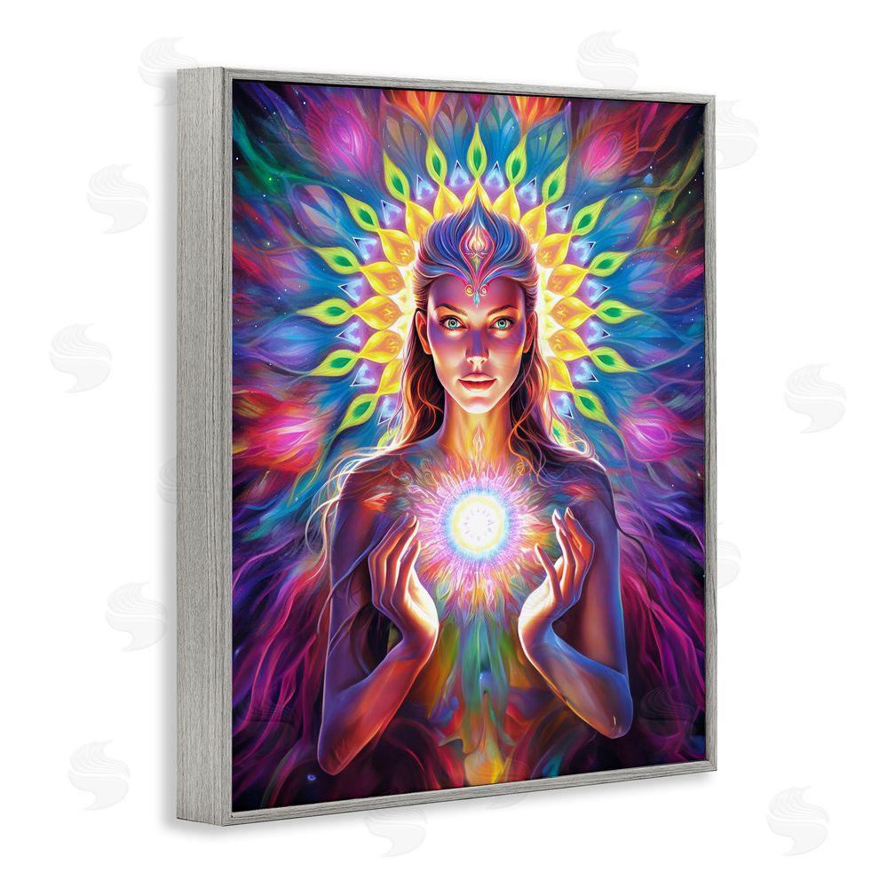 Spirit of the Rainbow Girl with Abstract Fractals Gray Framed Giclee Wall Art Print
