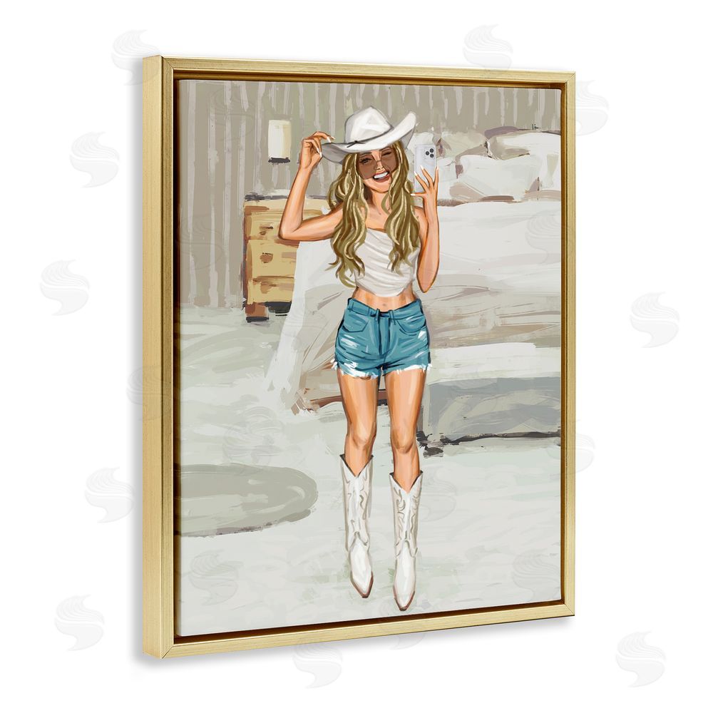 Ziwei Li Cowgirl Selfie Portrait Gold Floating Frame Canvas Wall Art Print