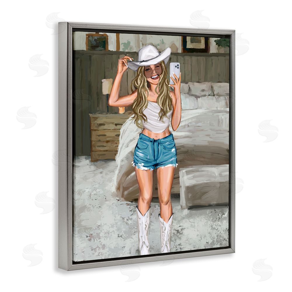 Ziwei Li Cowgirl Glam Selfie Gray Floating Frame Canvas Wall Art Print