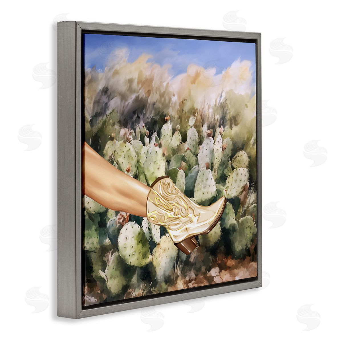 Cowgirl Boot & Cactus Grey Floating Frame Canvas Wall Art, Home Decor by Ziwei Li