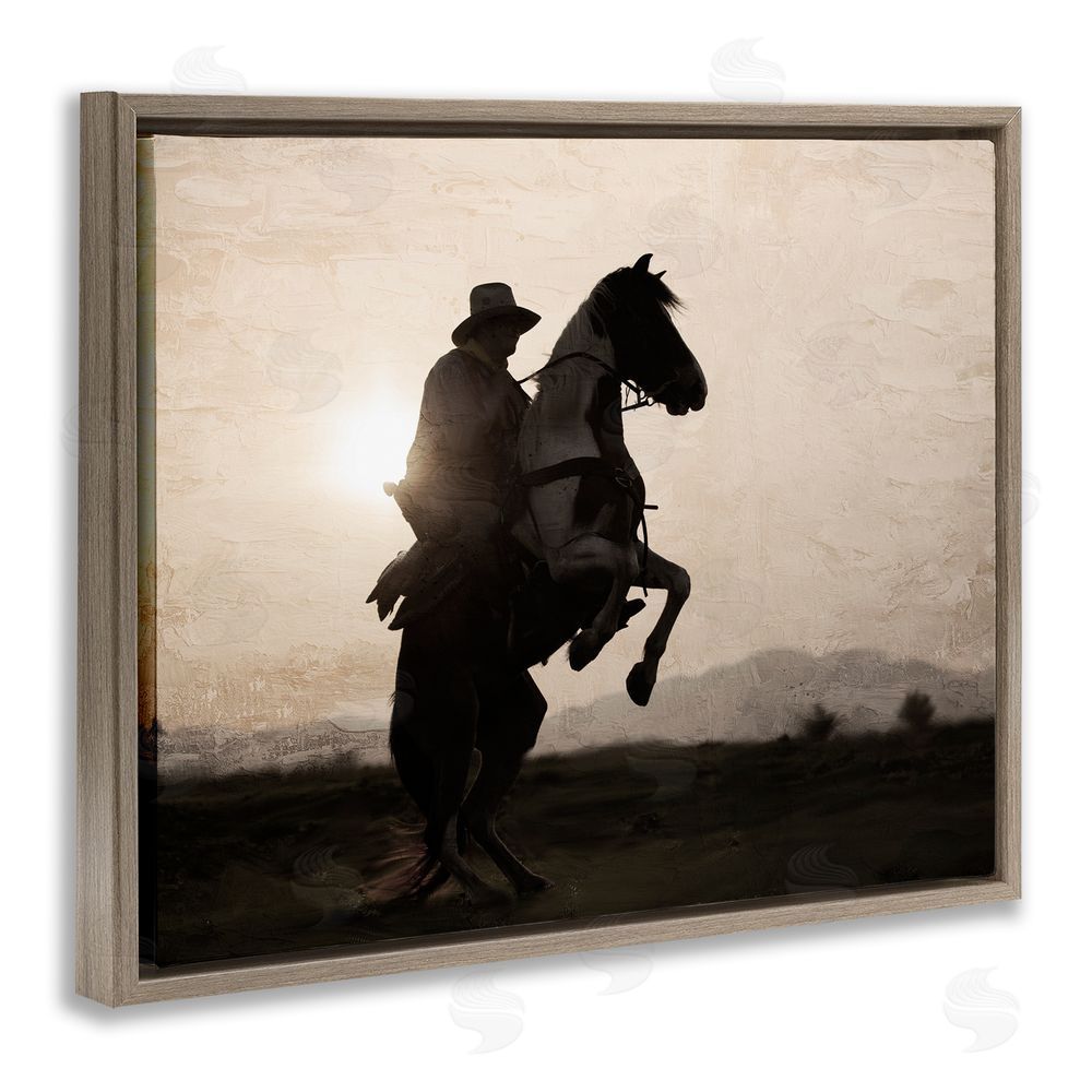 Kim Allen Cowboy & Rearing Horse Brown Floating Frame Canvas Wall Art Print