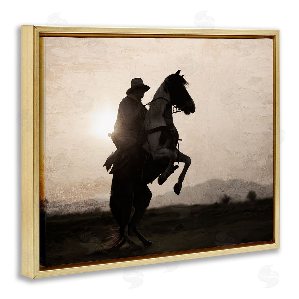 Kim Allen Cowboy & Rearing Horse Gold Floating Frame Canvas Wall Art Print
