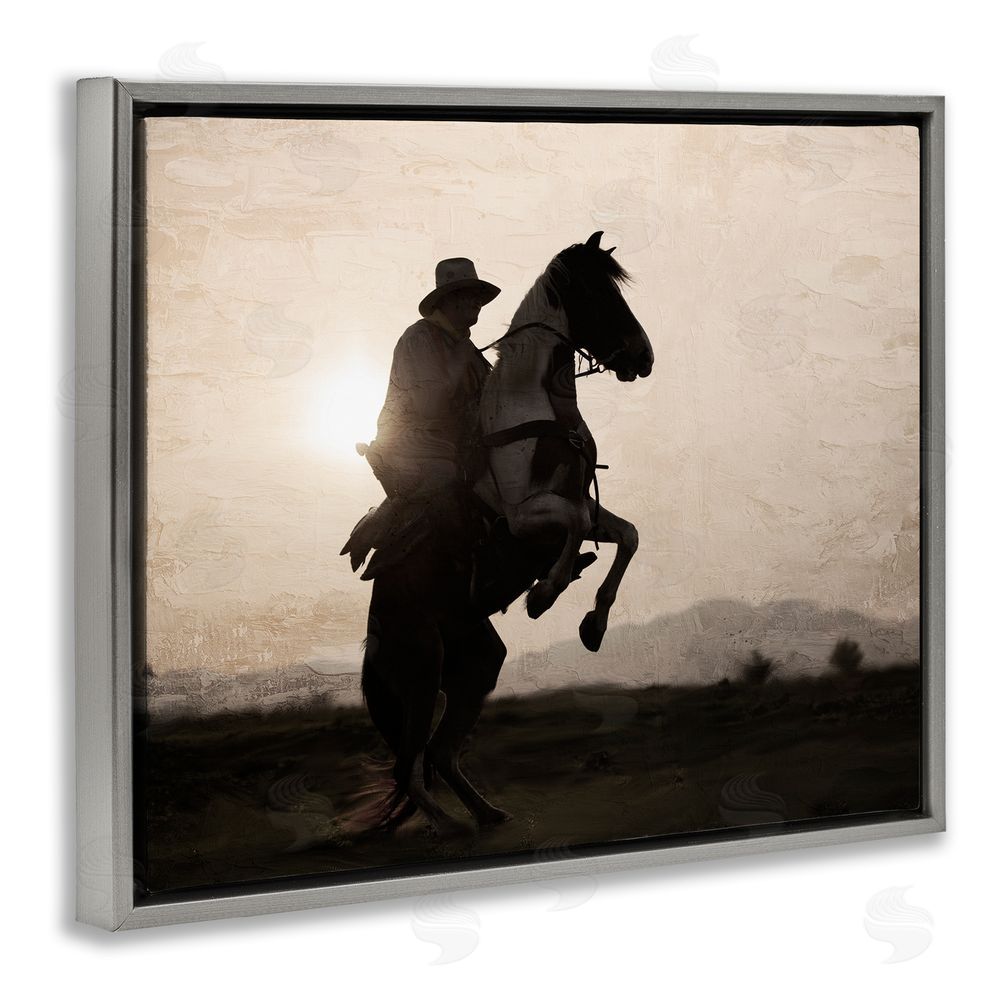 Kim Allen Cowboy & Rearing Horse Gray Floating Frame Canvas Wall Art Print