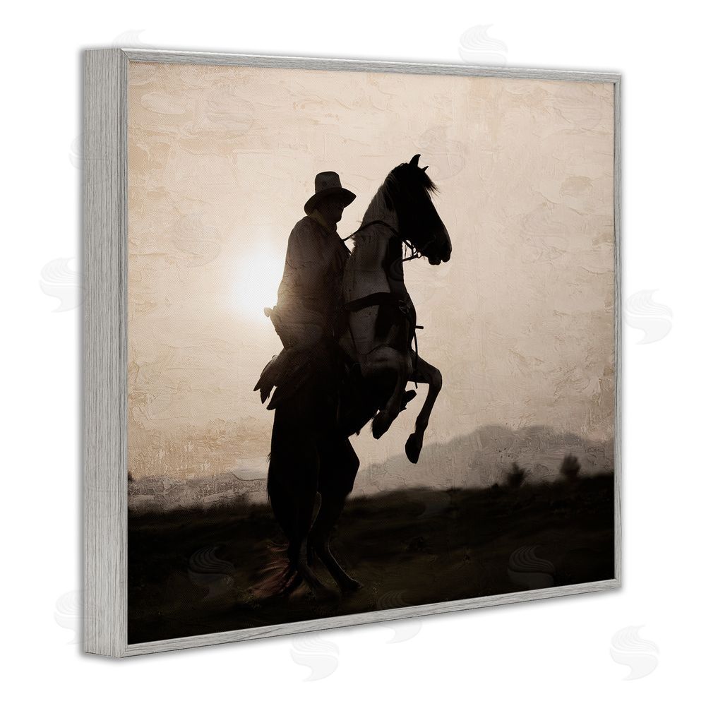 Kim Allen Cowboy & Rearing Horse Gray Framed Giclee Wall Art Print