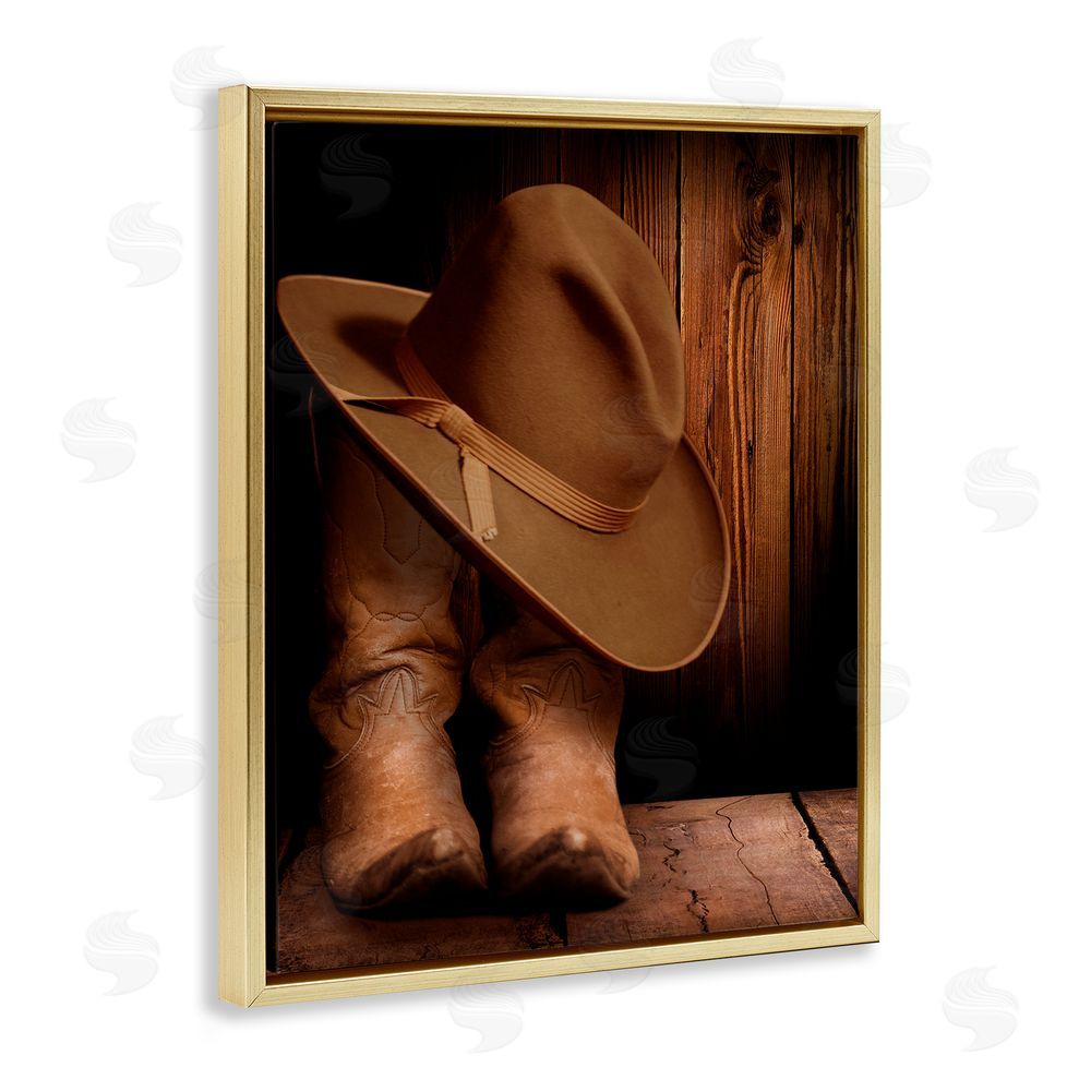 Marcus Prime Cowboy Boots & Hat Gold Floating Frame Canvas Wall Art Print