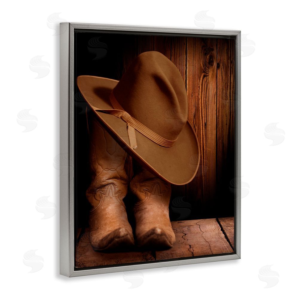 Marcus Prime Cowboy Boots & Hat Gray Floating Frame Canvas Wall Art Print