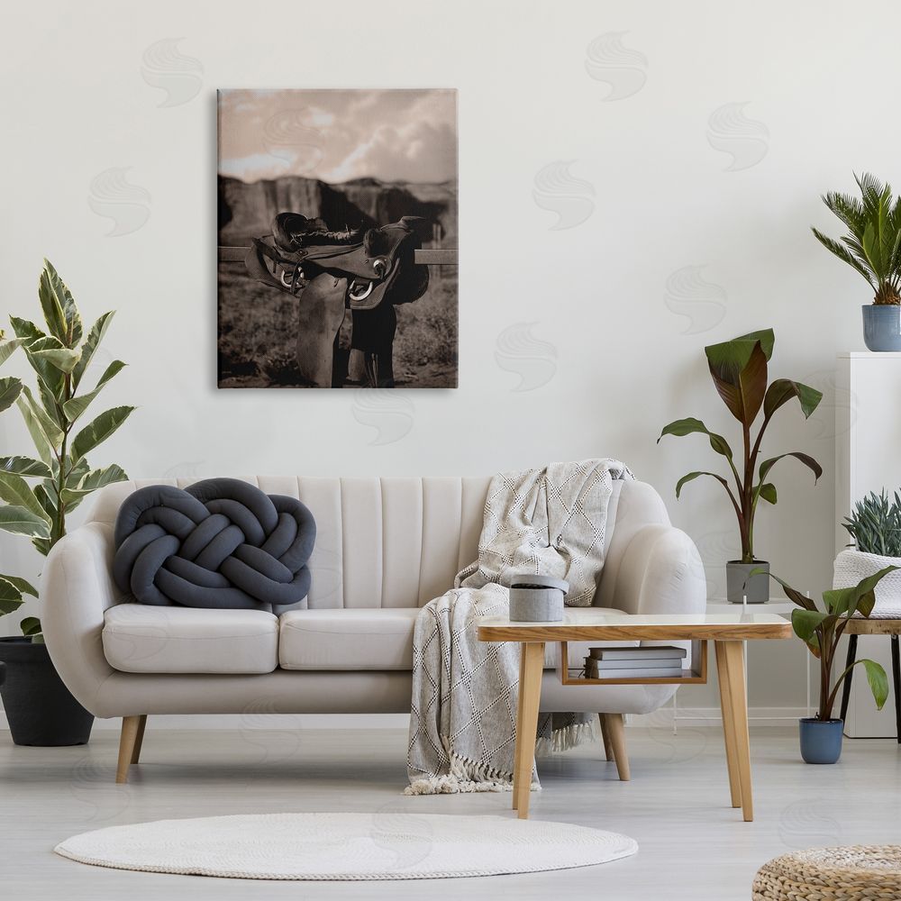 Marcus Prime Horse Saddle in Desert Canvas Wall Art Print in Room