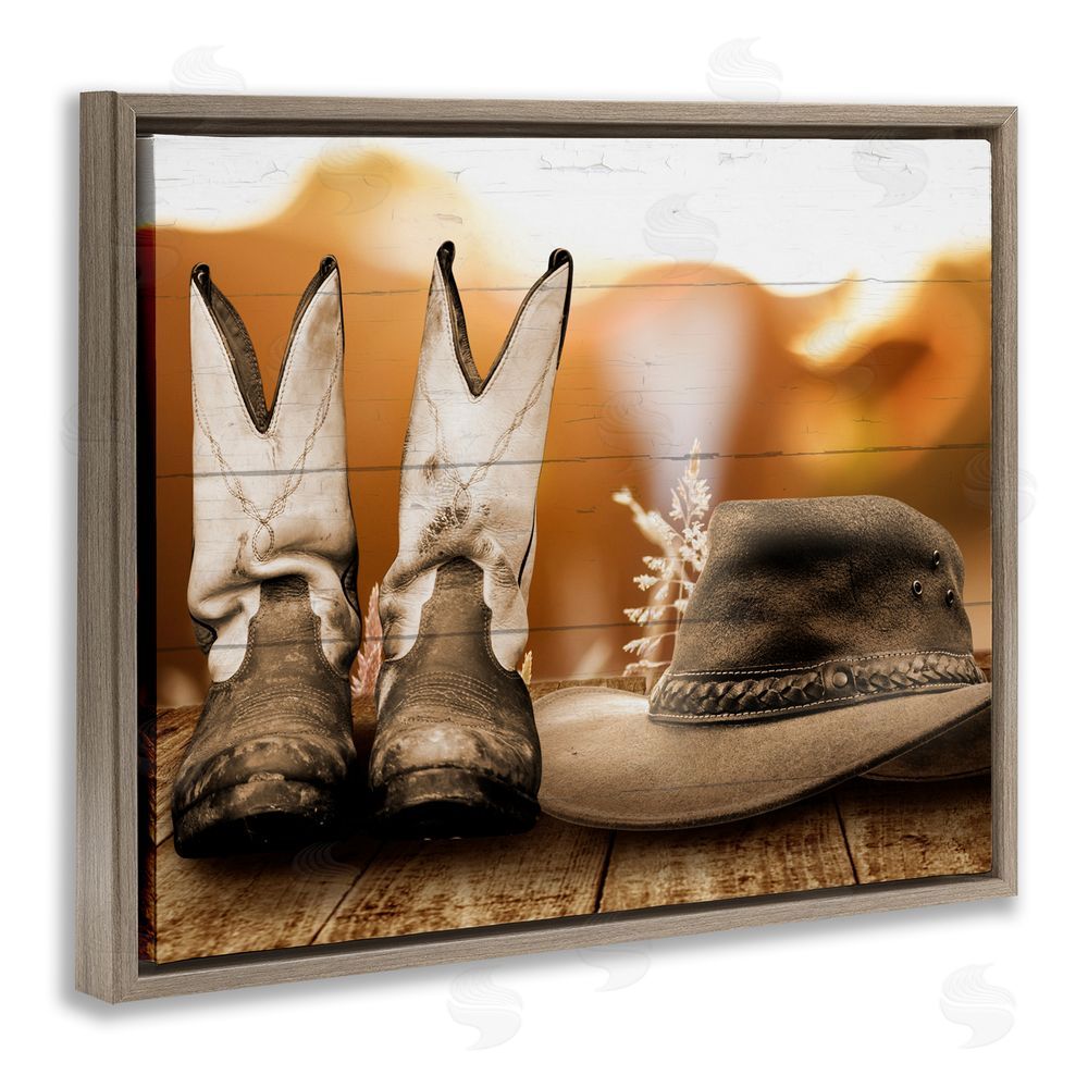 Marcus Prime Rustic Cowboy Boots Brown Floating Frame Canvas Wall Art Print