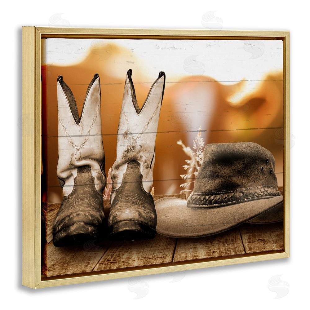 Marcus Prime Rustic Cowboy Boots Gold Floating Frame Canvas Wall Art Print
