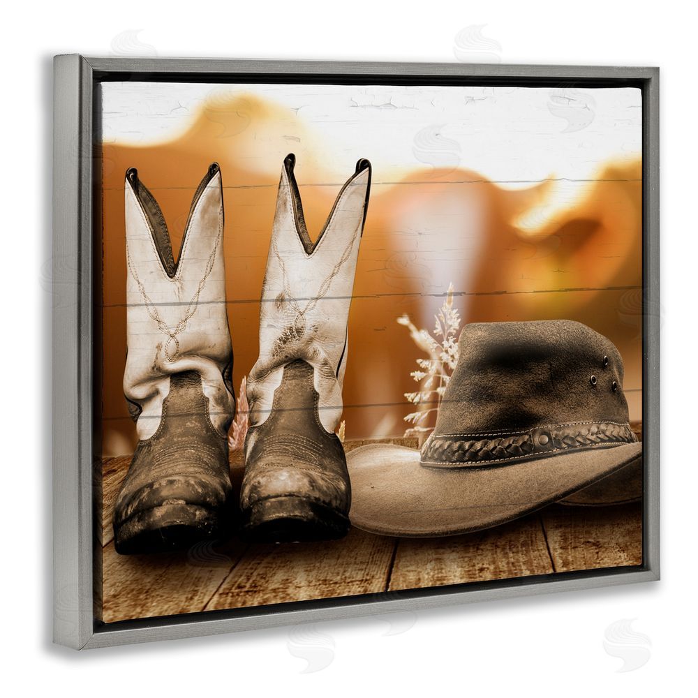 Marcus Prime Rustic Cowboy Boots Gray Floating Frame Canvas Wall Art Print