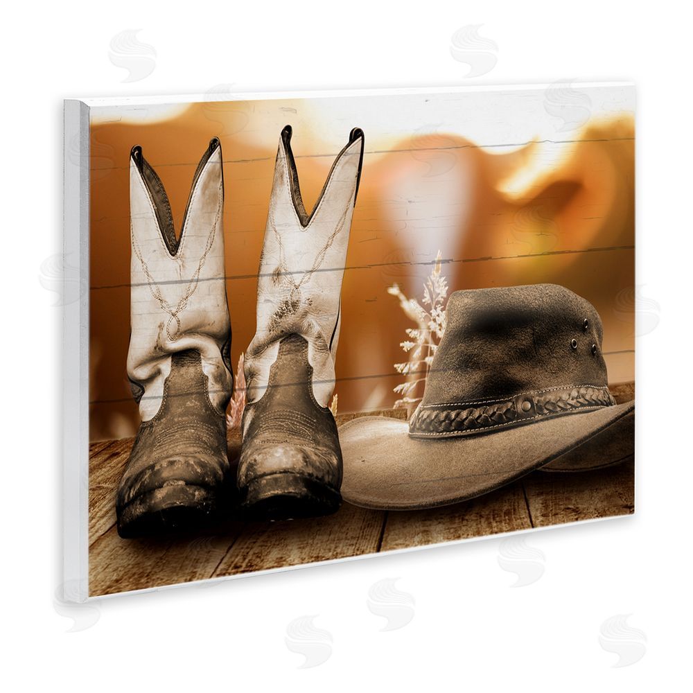 Marcus Prime Rustic Cowboy Boots Wooden Wall Plaque Art Print