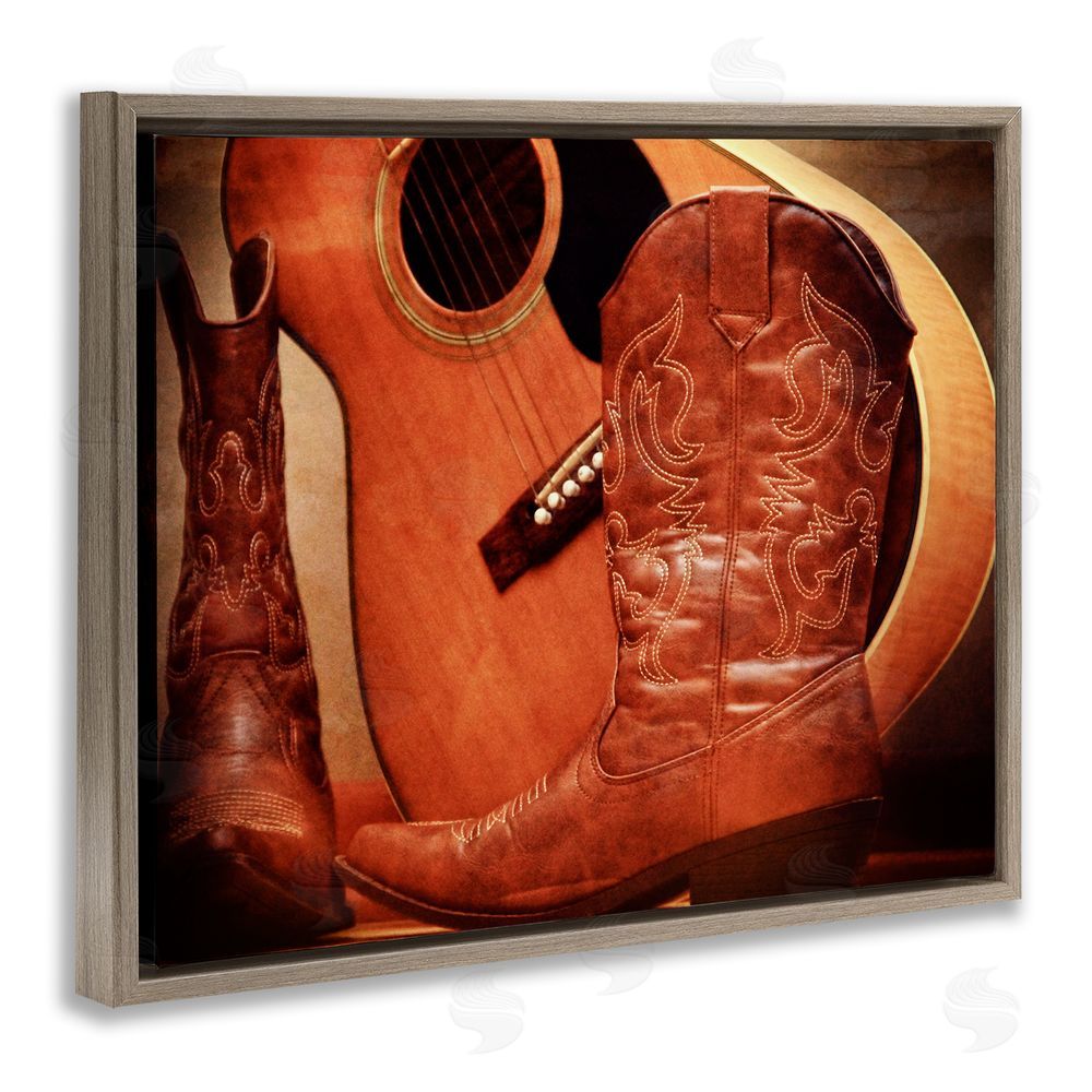 Daniel Sproul Guitar & Cowboy Boots Brown Floating Frame Canvas Wall Art Print