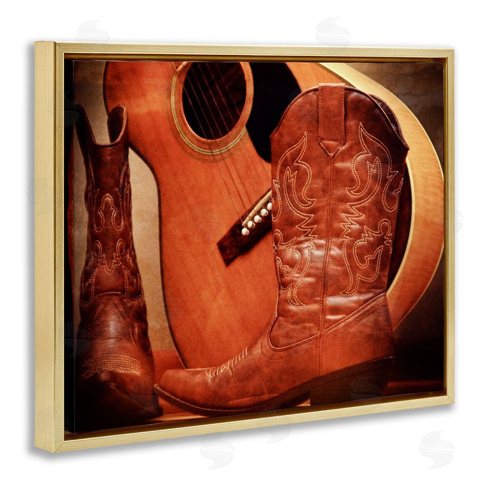 Daniel Sproul Guitar & Cowboy Boots Gold Floating Frame Canvas Wall Art Print