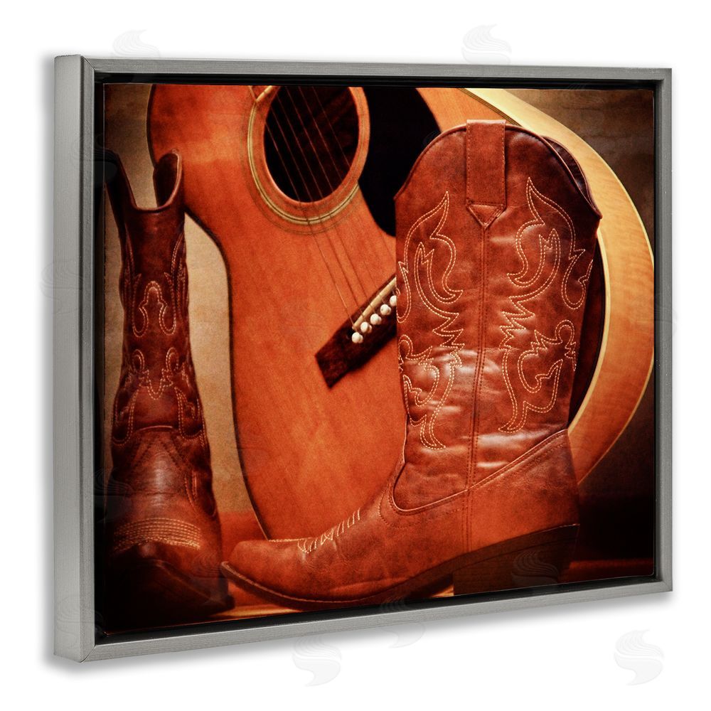 Daniel Sproul Guitar & Cowboy Boots Gray Floating Frame Canvas Wall Art Print