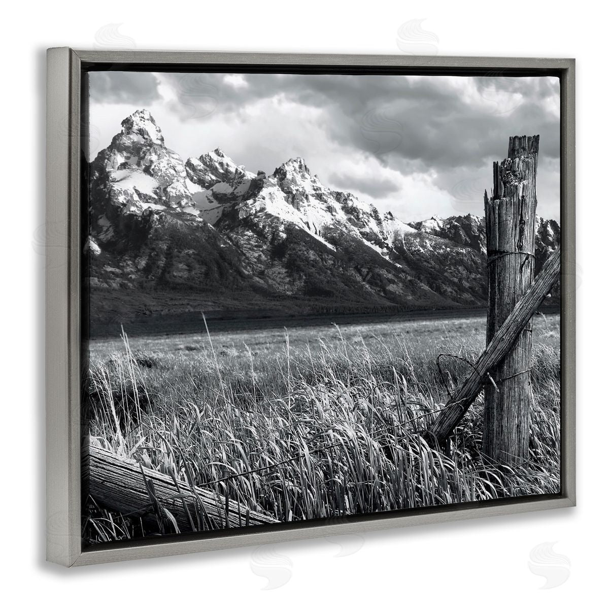Grassland Fence Photography Grey Floating Frame Canvas Wall Art, Home Decor by Steve Toole