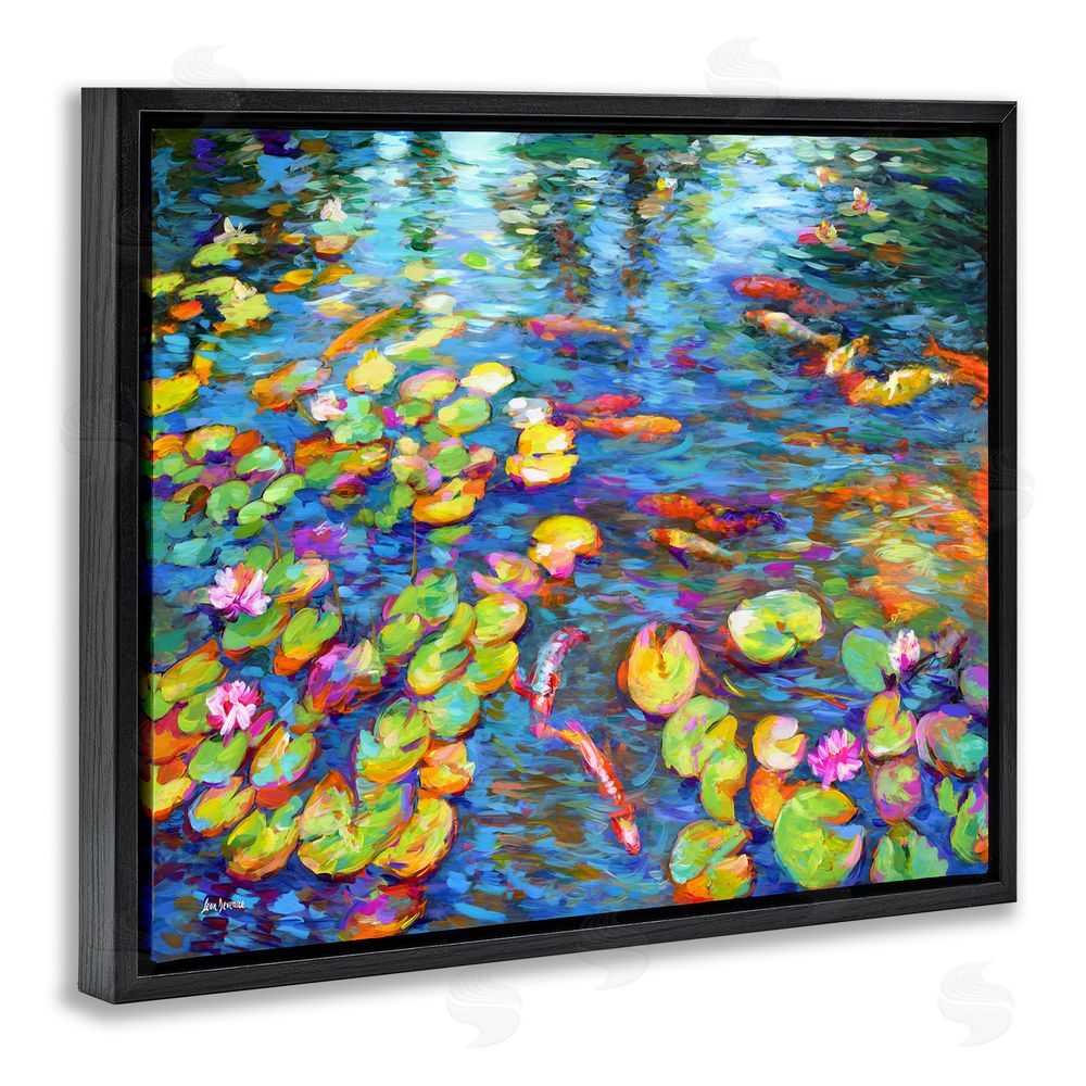 Leon Devenice Koi Fish and Water Lilies Black Floating Frame Canvas Wall Art Print