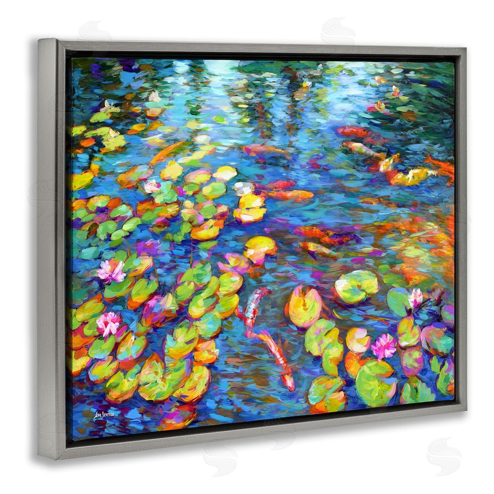 Leon Devenice Koi Fish and Water Lilies Gray Floating Frame Canvas Wall Art Print