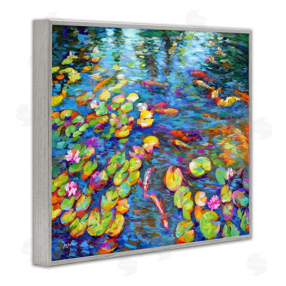 Leon Devenice Koi Fish and Water Lilies Gray Framed Giclee Wall Art Print