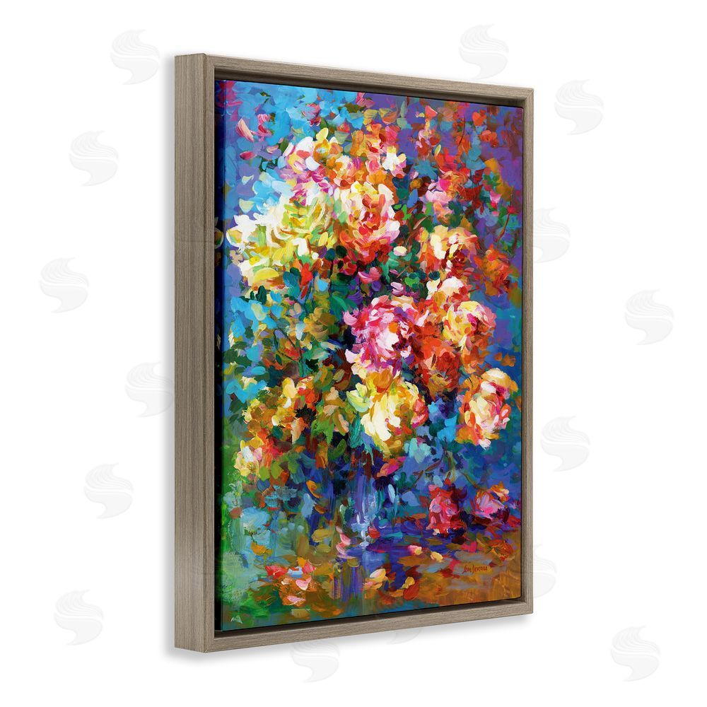 Leon Devenice Vibrant Flowers in a Vase Brown Floating Frame Canvas Wall Art Print