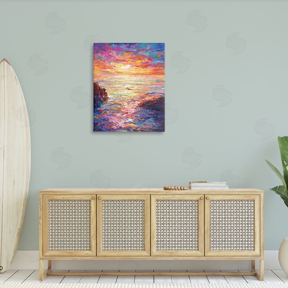 Leon Devenice Vibrant Abstract Ocean Sunset Canvas Wall Art Print in Room