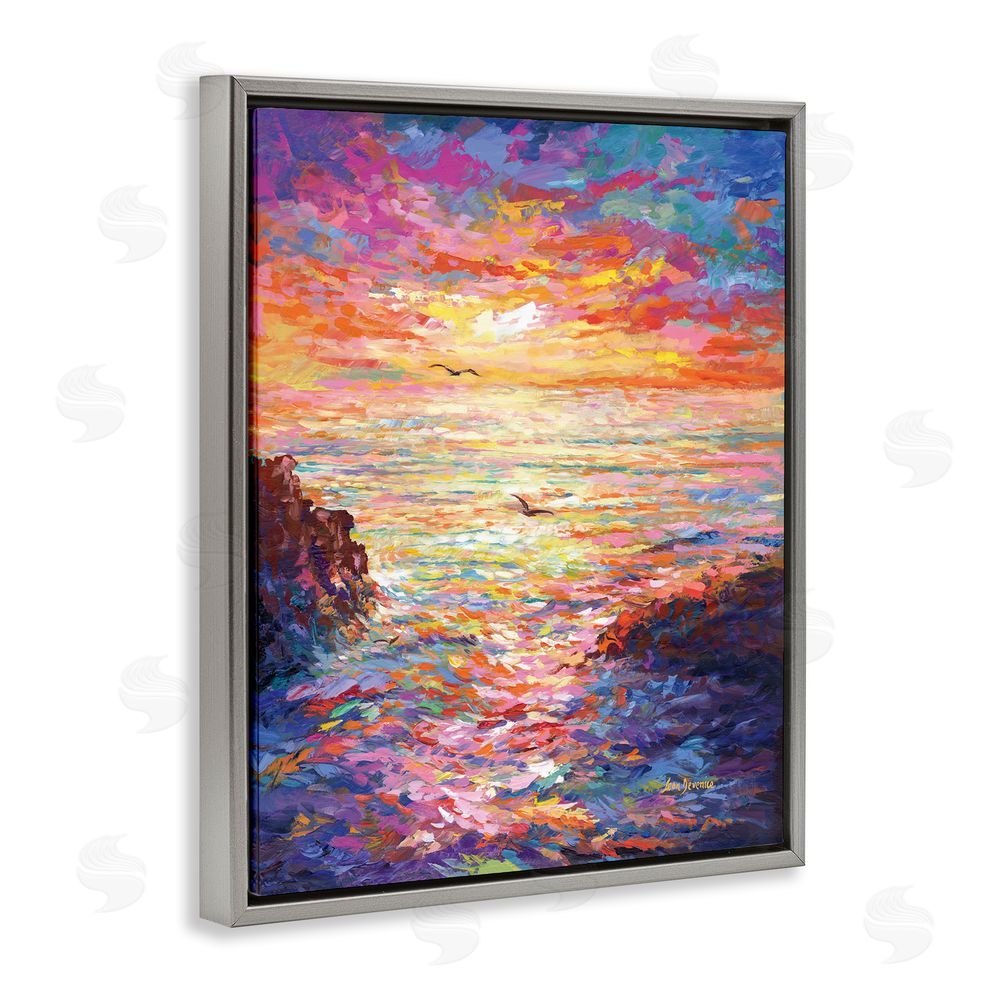 Leon Devenice Vibrant Abstract Ocean Sunset Grey Floating Frame Canvas Wall Art Print