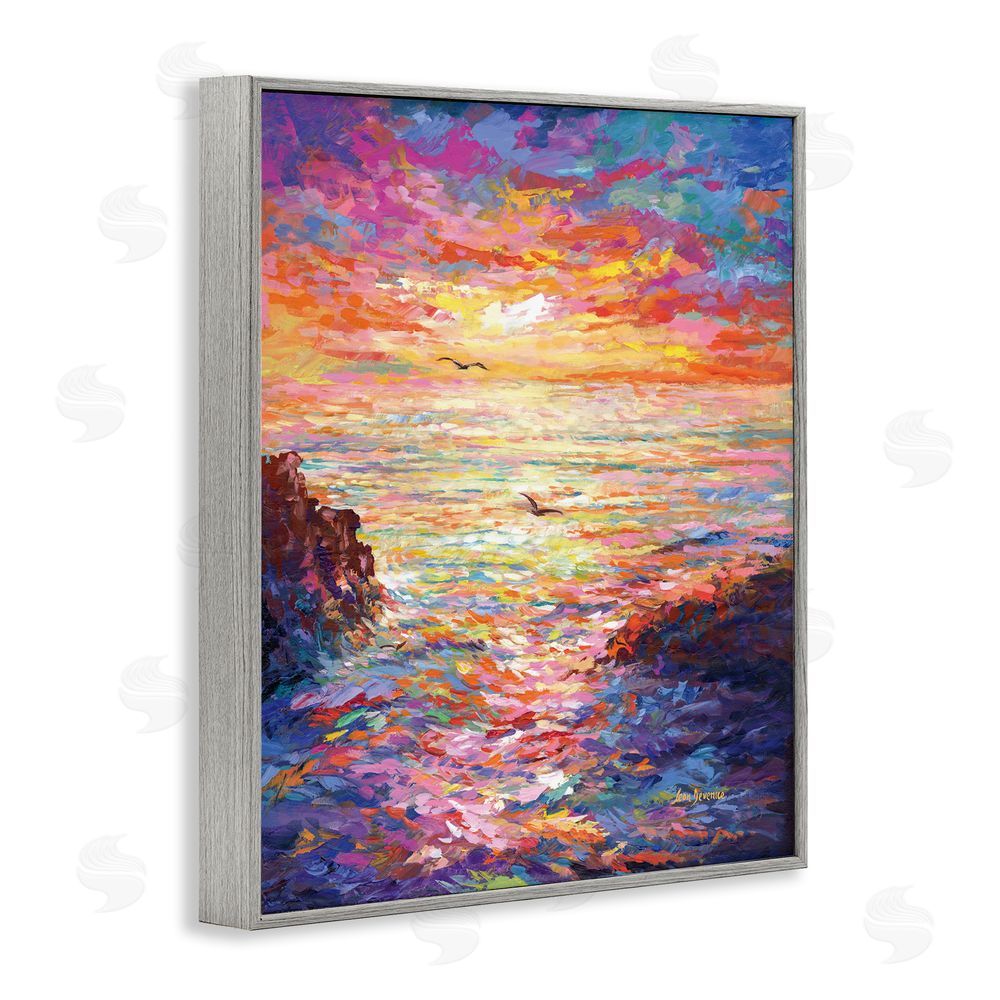 Leon Devenice Vibrant Abstract Ocean Sunset Gray Framed Giclee Wall Art Print