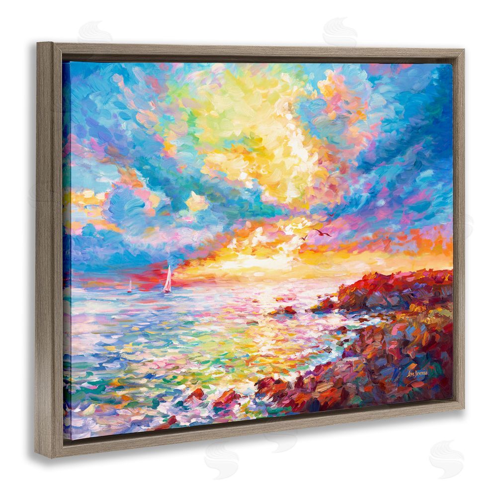 Leon Devenice Mediterranean Sunset Ocean Coast Brown Floating Frame Canvas Wall Art Print