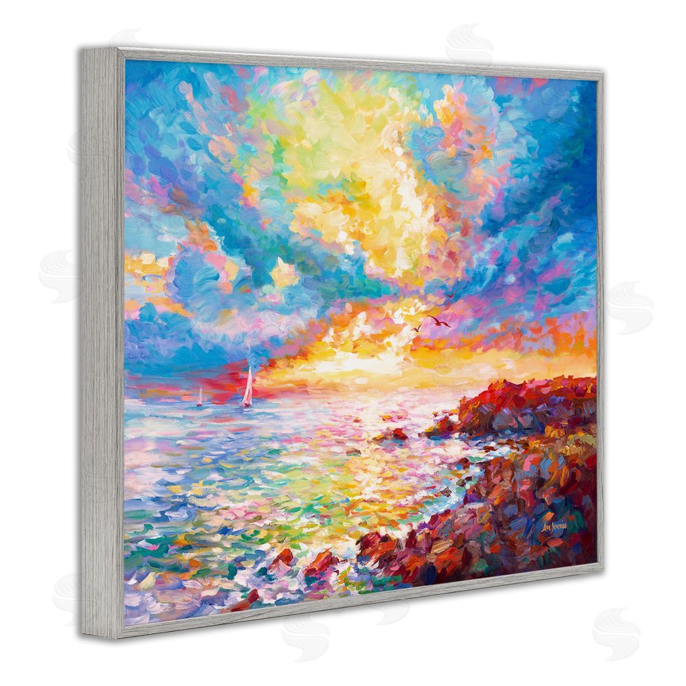 Leon Devenice Mediterranean Sunset Ocean Coast Gray Framed Giclee Wall Art Print