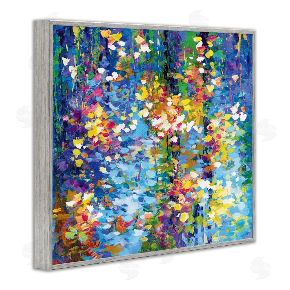Leon Devenice Colorful Reflections Lake Flowers Gray Framed Giclee Wall Art Print
