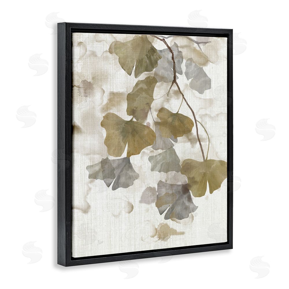 Nan Neutral Gingko Leaves Black Floating Frame Canvas Wall Art Print