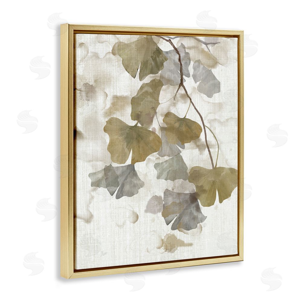 Nan Neutral Gingko Leaves Gold Floating Frame Canvas Wall Art Print