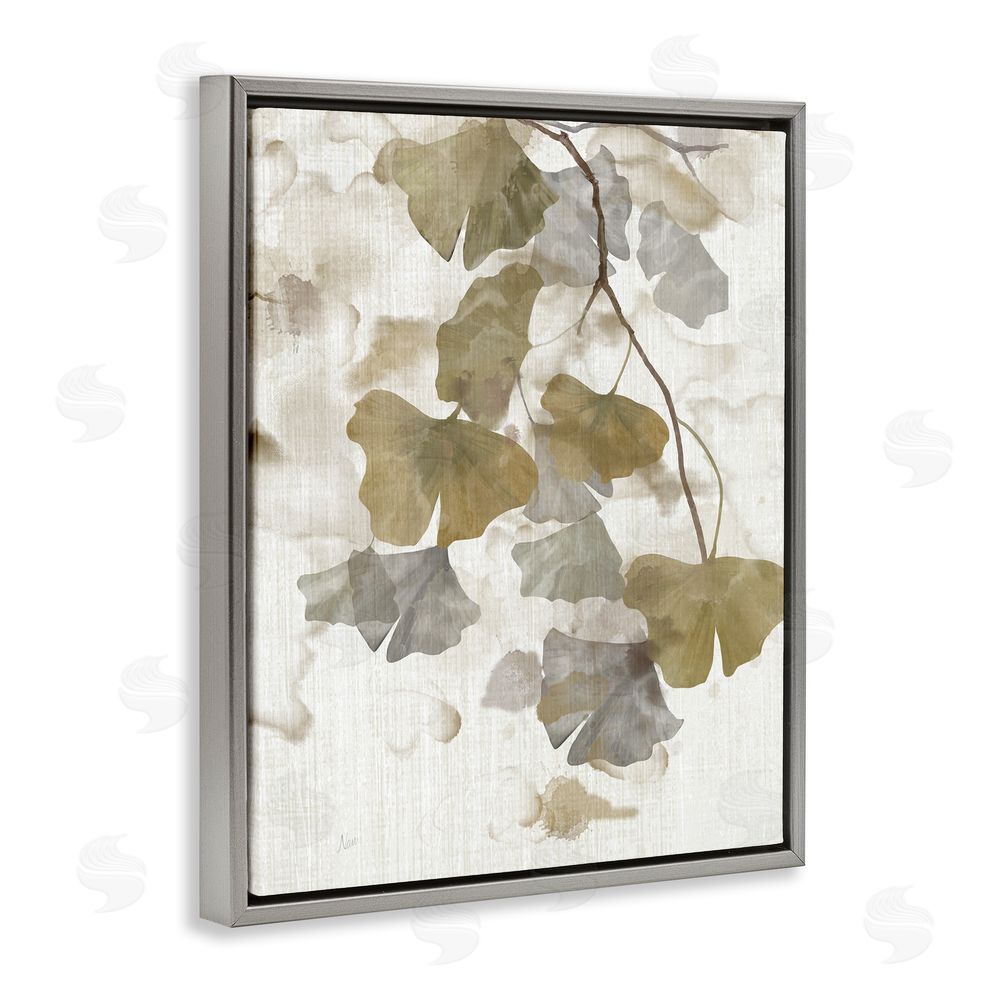 Nan Neutral Gingko Leaves Grey Floating Frame Canvas Wall Art Print