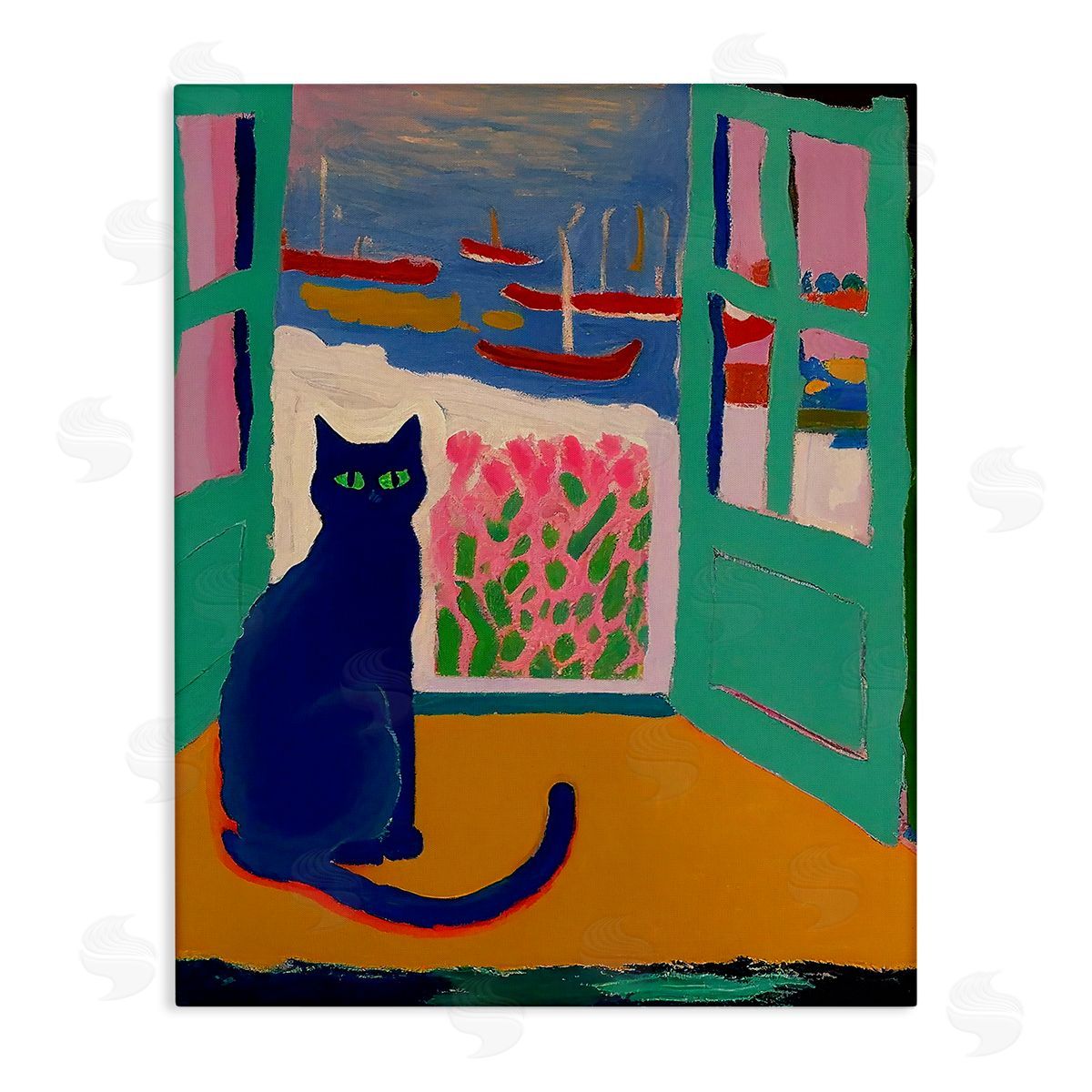 Gary Shergill Designs Black Cat in Doorway Stretched Canvas Wall Art Print