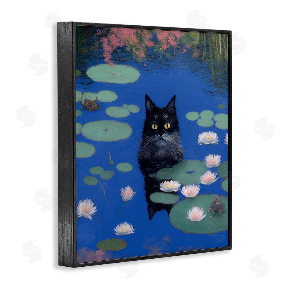 Gary Shergill Designs Black Cat in Pond Black Framed Giclee Wall Art Print