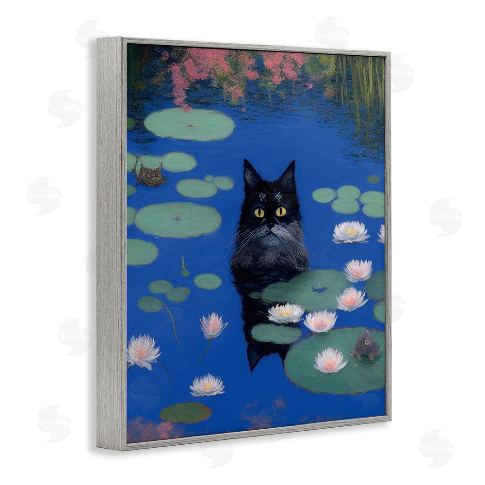 Gary Shergill Designs Black Cat in Pond Gray Framed Giclee Wall Art Print