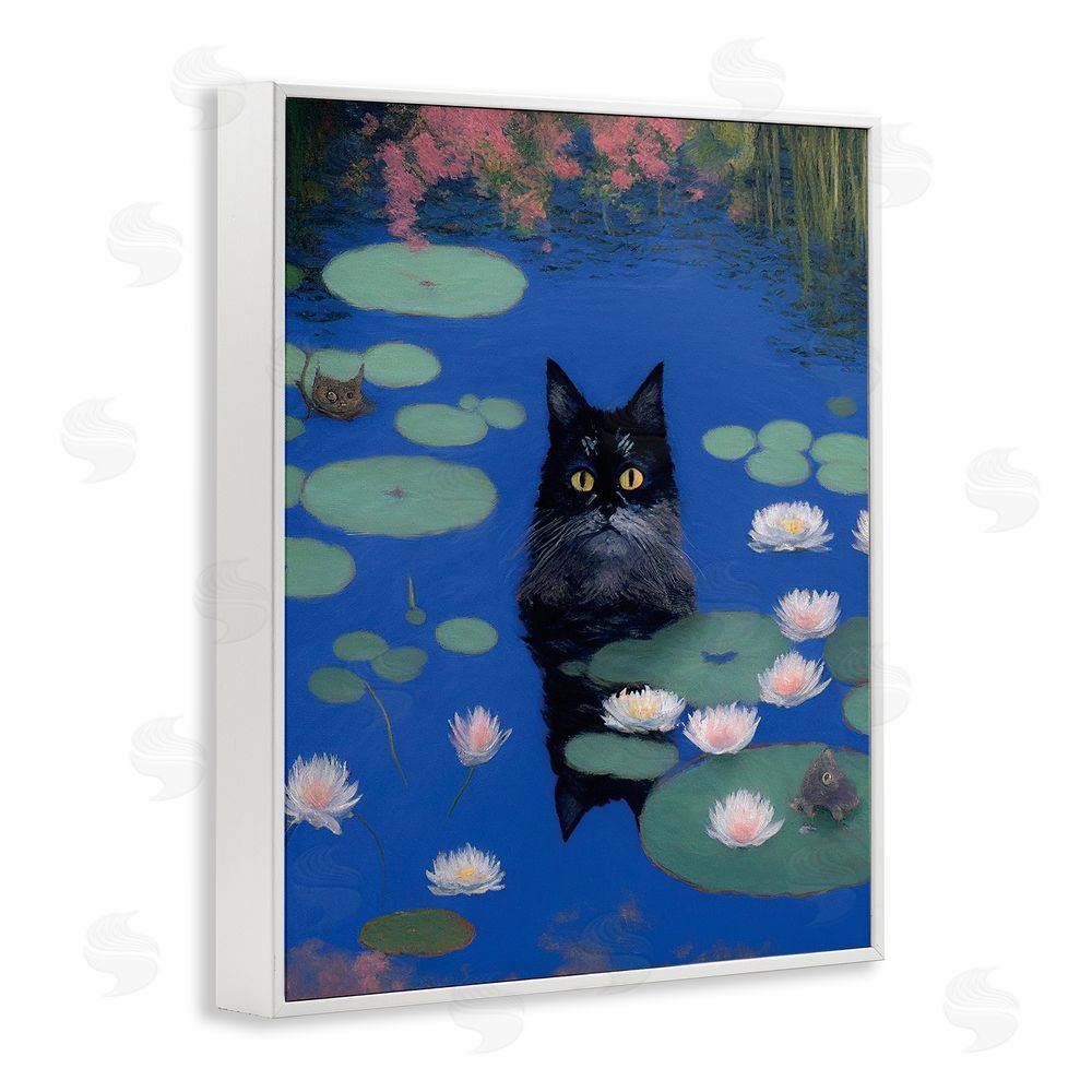 Gary Shergill Designs Black Cat in Pond White Framed Giclee Wall Art Print