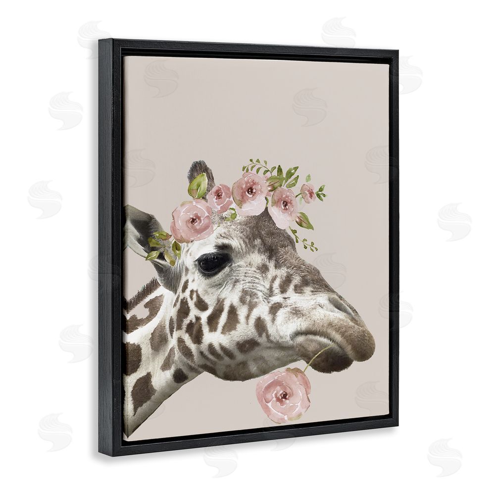 Nan Giraffe with Rose Crown Black Floating Frame Canvas Wall Art Print